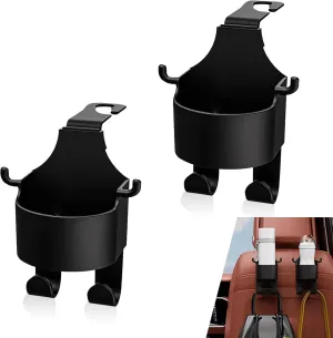 2 PCS Car Seat Headrest Hook Cup Holder, Hands-Free Portable Hanging Seat Headrest Backrest 3-in-1 Multi Functional Rear Storage Rack, Universal for Cars Accessory (Black)