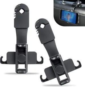2 PCS Car Seat Headrest Snap-on Storage Holder, Multi-Function 360 Degree Rotating Phone Holder, Hidden Double Hook Organizer for Umbrella Clothes Backpack, Universal for Cars (Black)