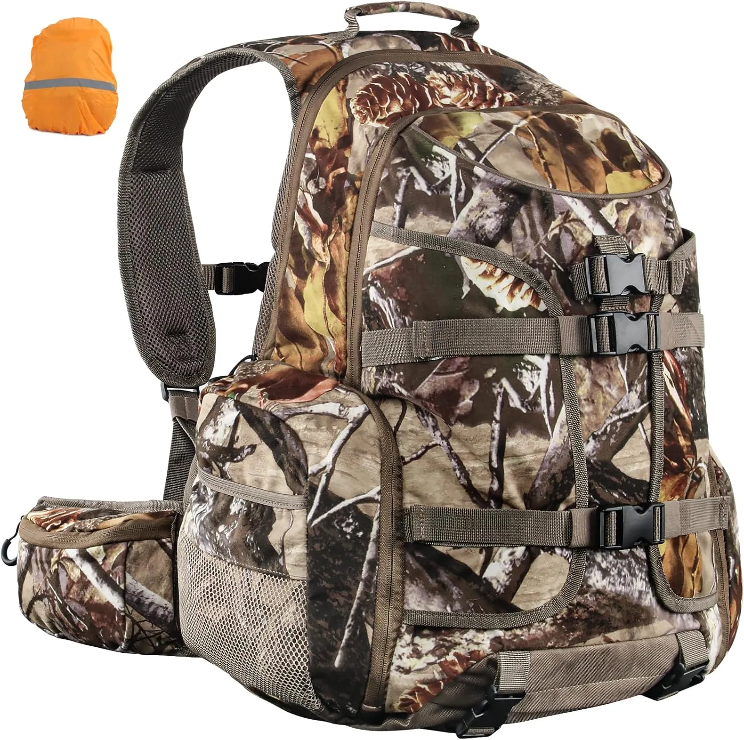 35L Hunting Backpack with Waterproof Rain Cover, Large Capacity Day Pack with Holder, Men/Women Deer Hunting Gear Hunting Accessories (Camo Pine-Cones)