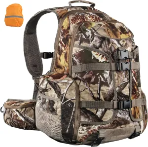 35L Hunting Backpack with Waterproof Rain Cover, Large Capacity Day Pack with Holder, Men/Women Deer Hunting Gear Hunting Accessories (Camo Pine-Cones)