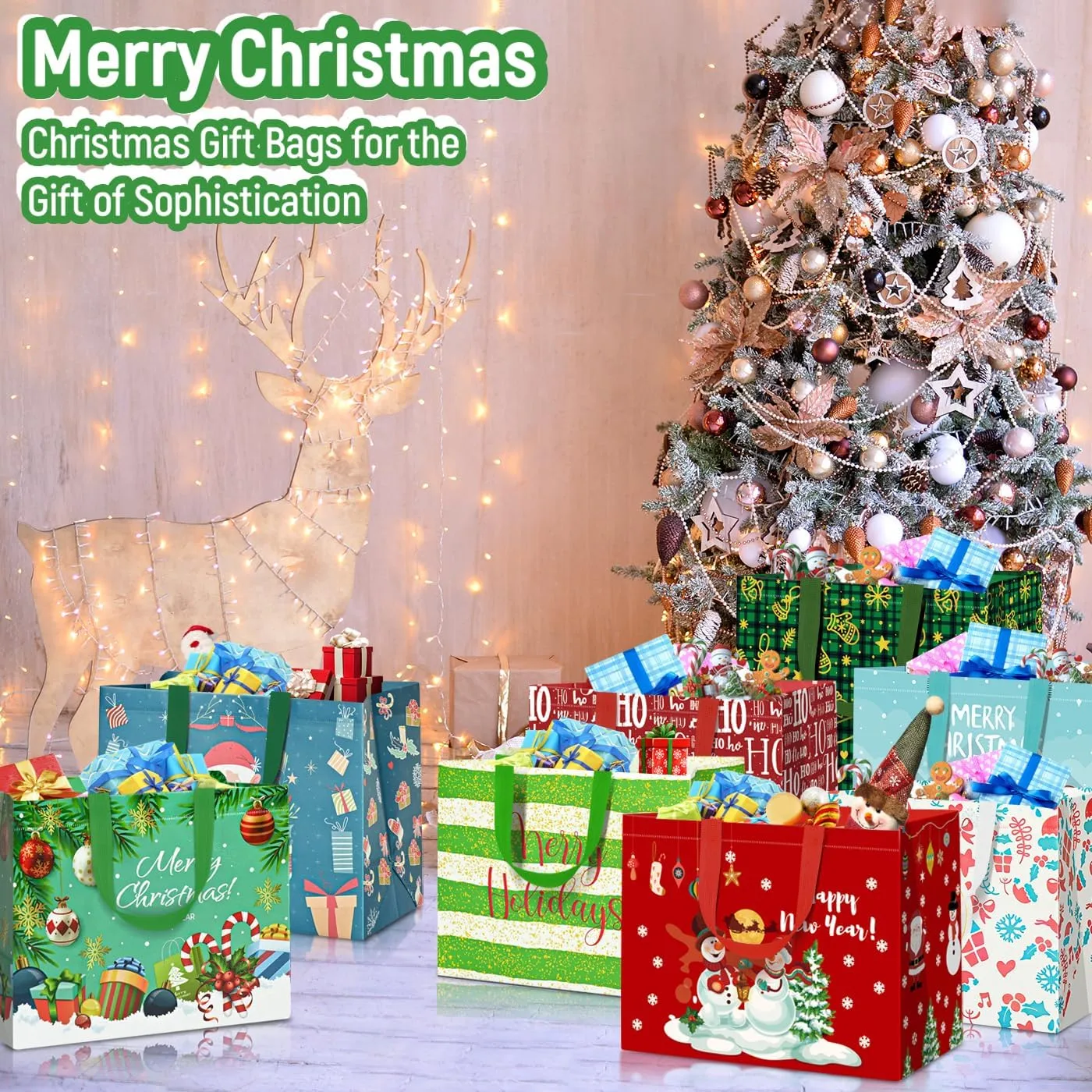 9Pack Large Reusable Christmas Tote Bags, 12.6"x9.8"x6.7" Bags for Xmas Party Favor
