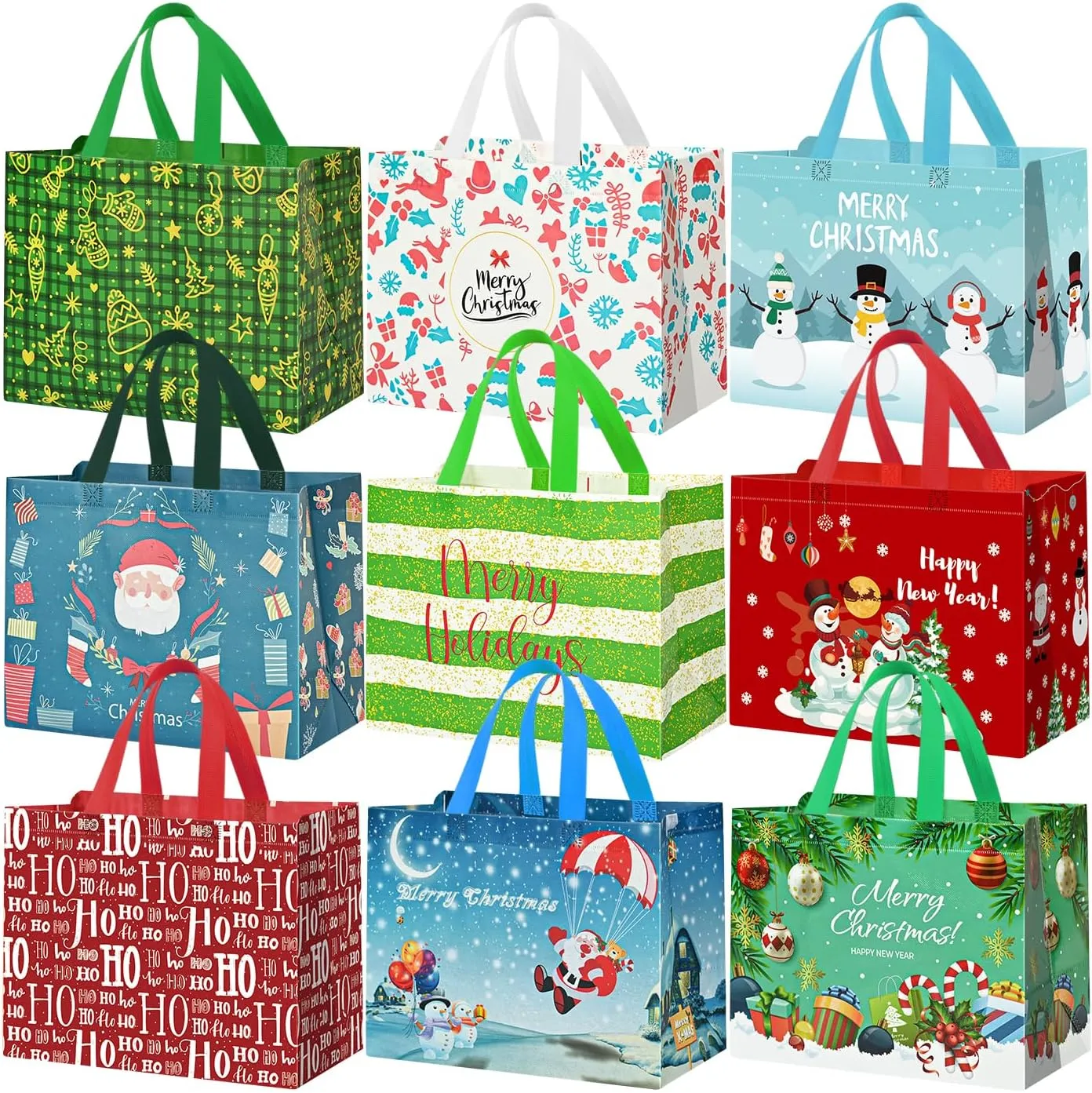 9Pack Large Reusable Christmas Tote Bags, 12.6"x9.8"x6.7" Bags for Xmas Party Favor
