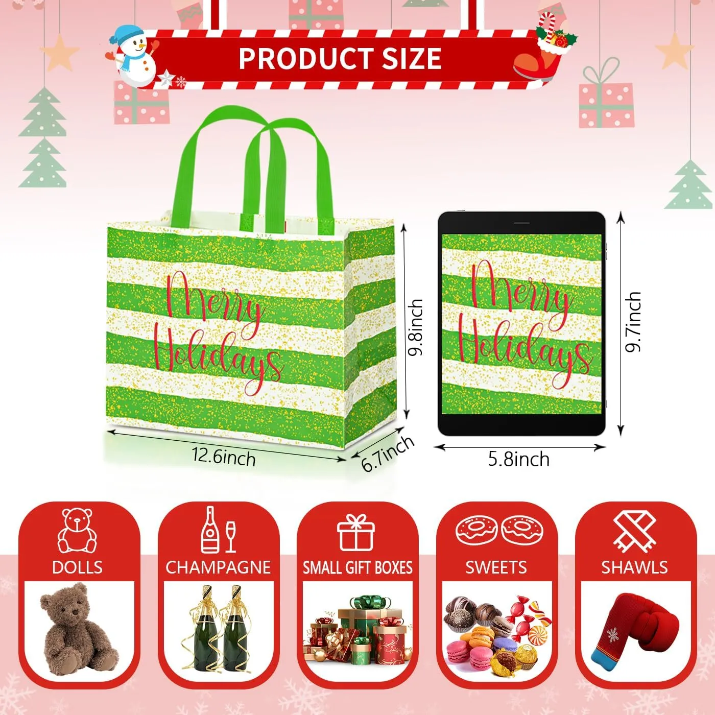 9Pack Large Reusable Christmas Tote Bags, 12.6"x9.8"x6.7" Bags for Xmas Party Favor