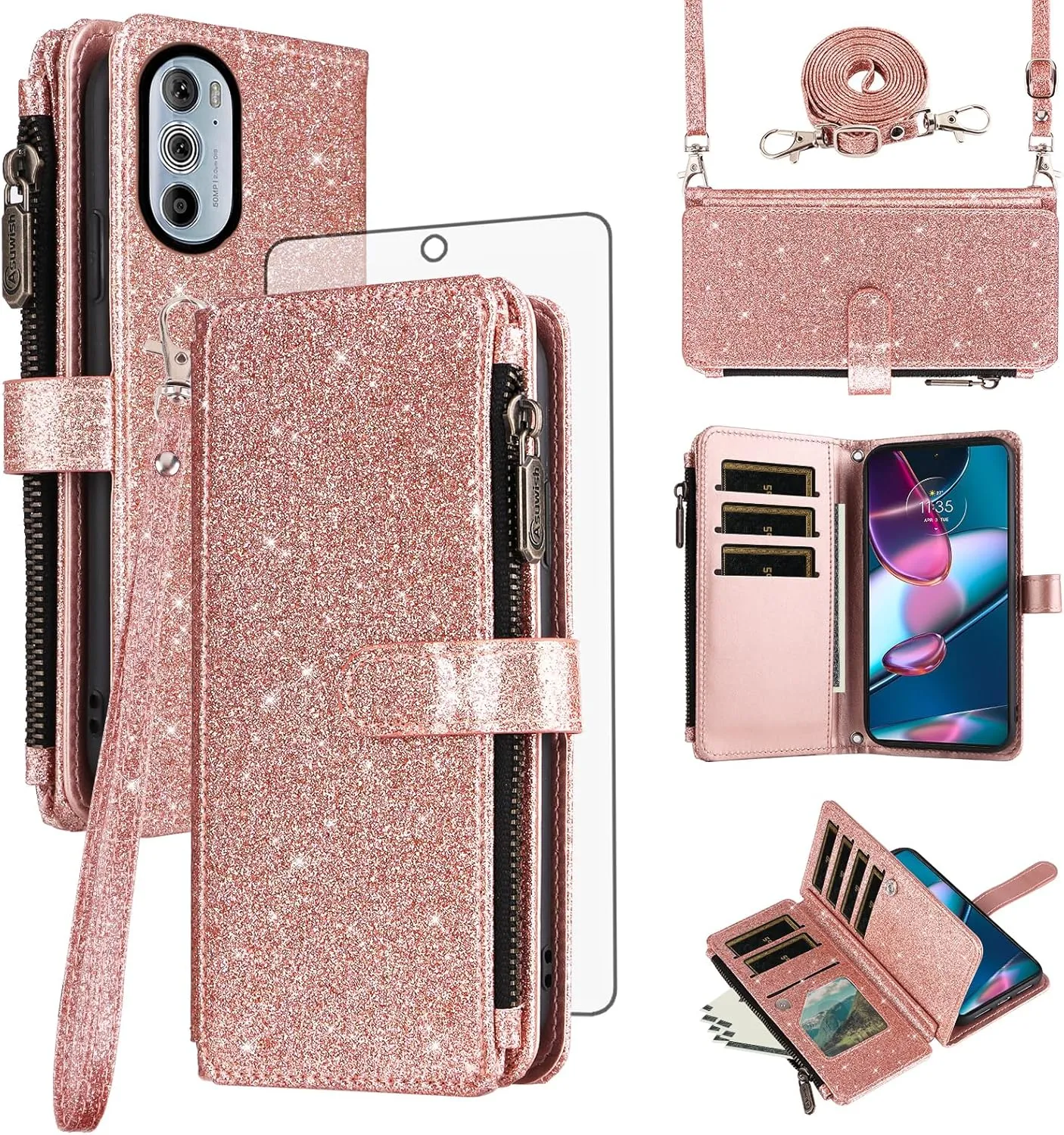 Asuwish Phone Case for Motorola Edge  Plus 2022/Edge X30/30 Pro Wallet Cell Cover with Tempered Glass Screen Protector Strap Glitter Zipper Flip Credit Card Holder Moto Edge   5G UW Women Rose Gold