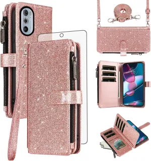 Asuwish Phone Case for Motorola Edge  Plus 2022/Edge X30/30 Pro Wallet Cell Cover with Tempered Glass Screen Protector Strap Glitter Zipper Flip Credit Card Holder Moto Edge   5G UW Women Rose Gold