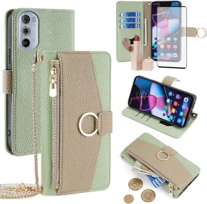 Asuwish Phone Case for Motorola Edge  Plus 2022/Edge X30/30 Pro Wallet Cover with Screen Protector and Mirror Flip Cover Ring Credit Card Holder Crossbody Strap Stand Cell Moto Edge   5G UW Green