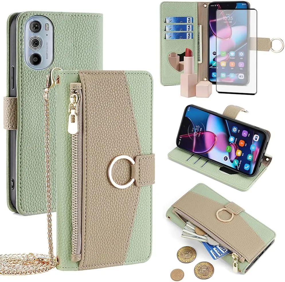 Asuwish Phone Case for Motorola Edge  Plus 2022/Edge X30/30 Pro Wallet Cover with Screen Protector and Mirror Flip Cover Ring Credit Card Holder Crossbody Strap Stand Cell Moto Edge   5G UW Green