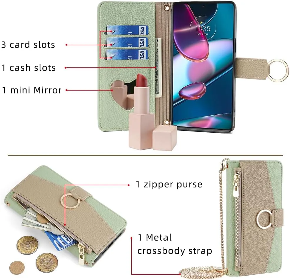 Asuwish Phone Case for Motorola Edge  Plus 2022/Edge X30/30 Pro Wallet Cover with Screen Protector and Mirror Flip Cover Ring Credit Card Holder Crossbody Strap Stand Cell Moto Edge   5G UW Green