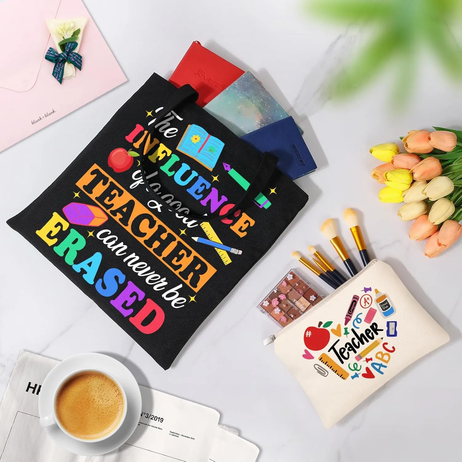 AYGE Canvas Tote Bags & Cosmetic Bag, Christmas Gifts for Women, Travel Beach Bag Reusable Grocery Shopping Bag Makeup Bag