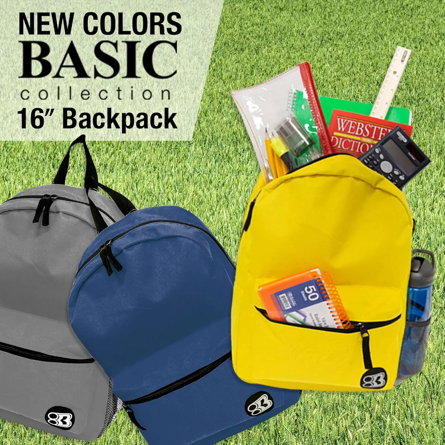 BAZIC School Backpack 16" Mustard, Lightweight School Bag Padded Back & Adjustable Strap for Students, Travel Bag Fit A4 Notebook, 12-Pack