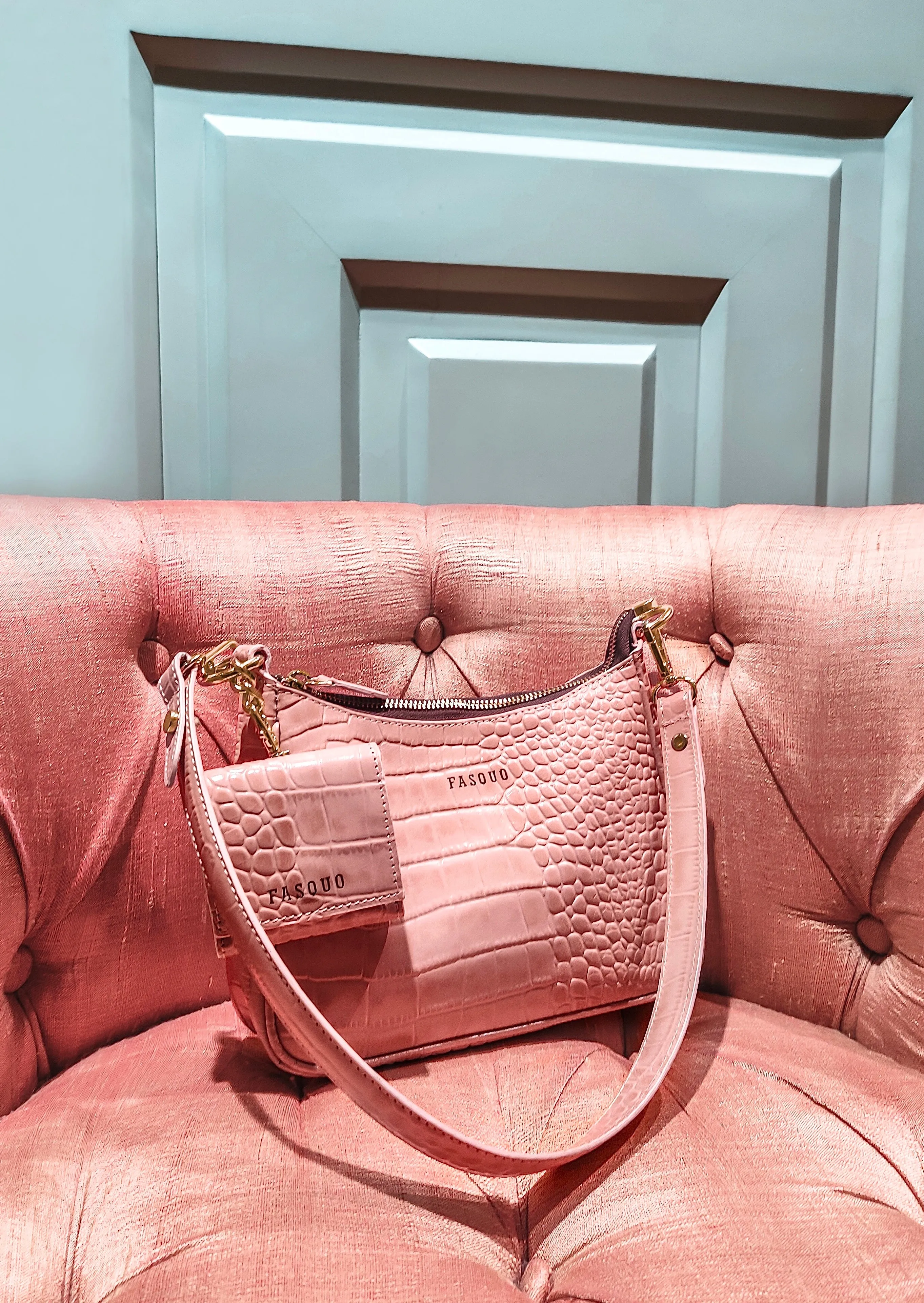 Blush Croco Aura Shoulder Bag