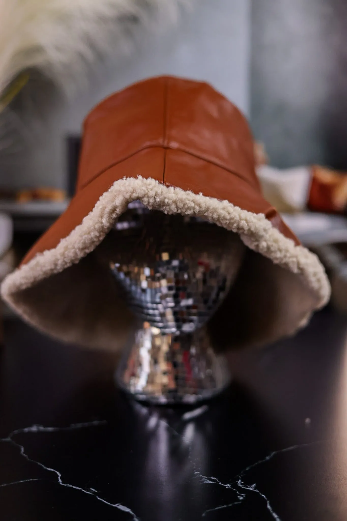 Brown Faux Leather Bucket Hat with Sherpa Lining FINAL SALE