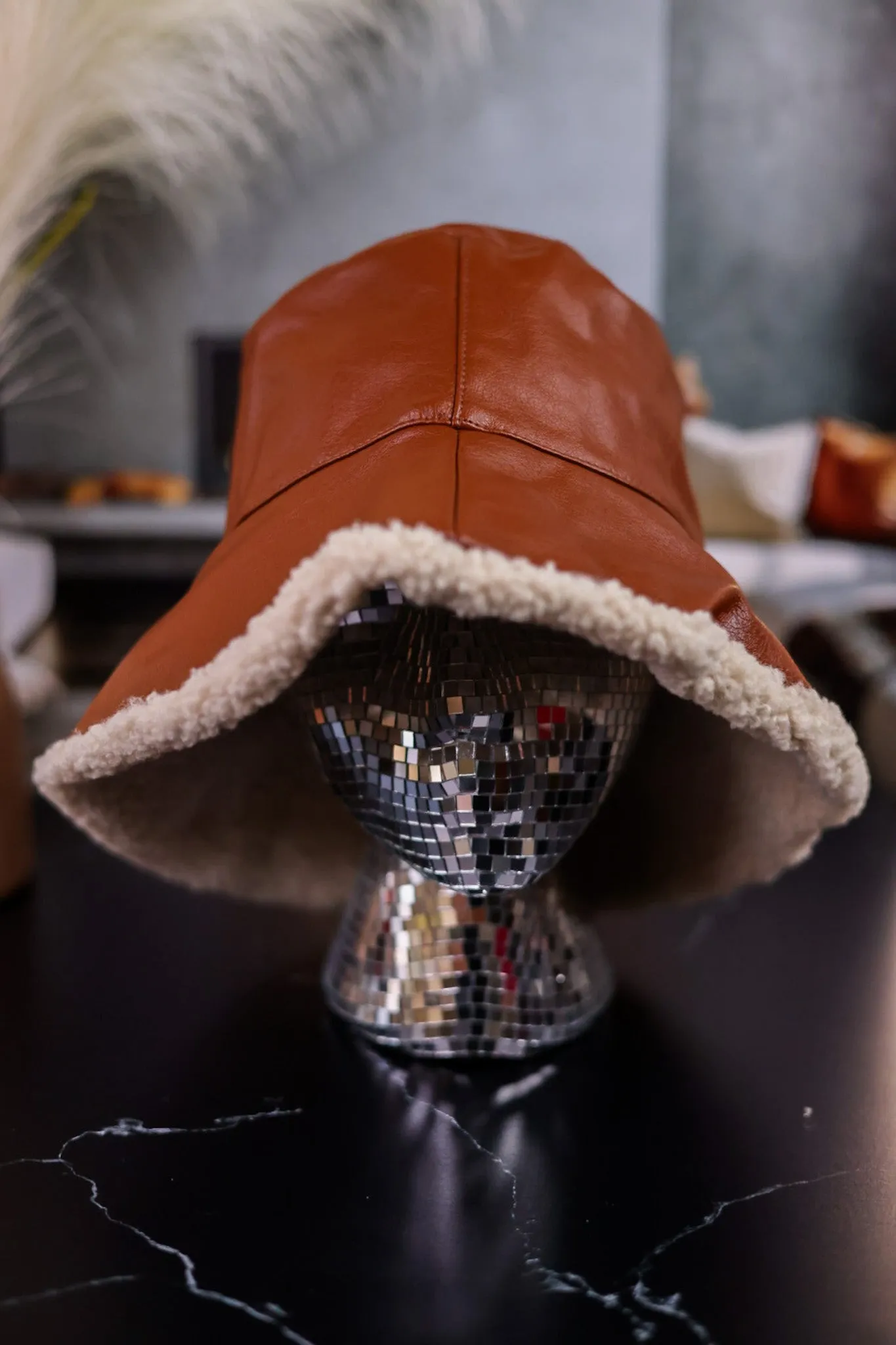 Brown Faux Leather Bucket Hat with Sherpa Lining FINAL SALE