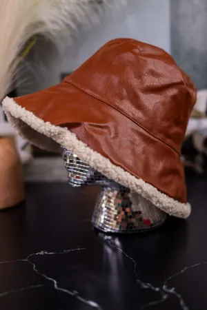 Brown Faux Leather Bucket Hat with Sherpa Lining FINAL SALE