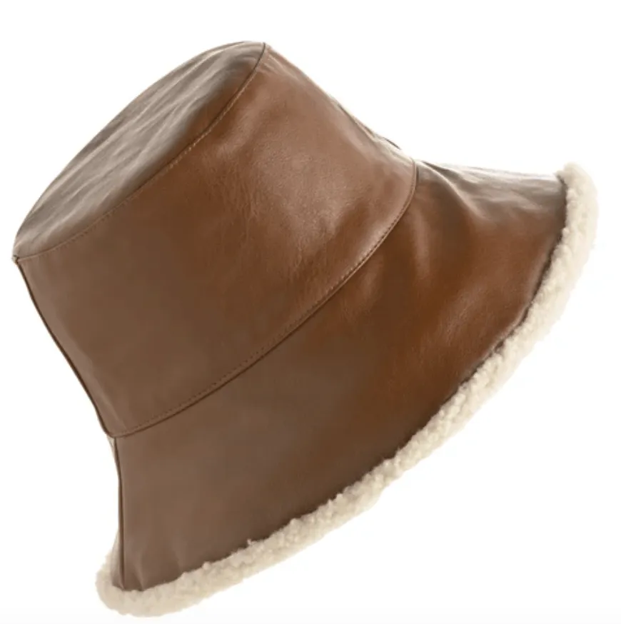 Brown Faux Leather Bucket Hat with Sherpa Lining FINAL SALE