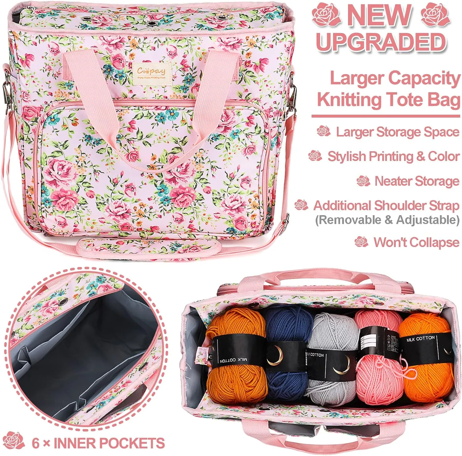 Coopay Large Crochet Bag Knitting Bags and Totes Organizer, Traveling Crochet Bags Yarn Bag for Carrying Crochet Hooks, Knitting Kit, Skein Yarn Wool, Project, Knitting & Crochet Supplies, Pink Flower