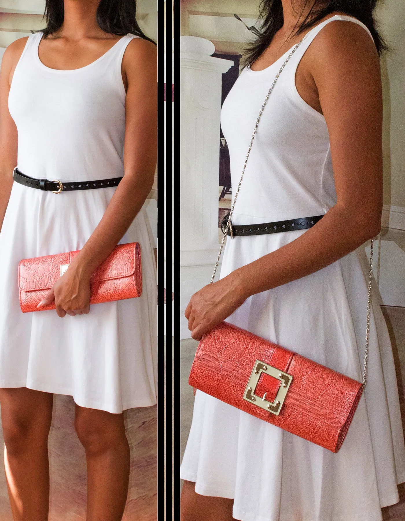 Fino RF-08 Faux Crocodile Patent Leather Buckle Clutch Bag with Chain