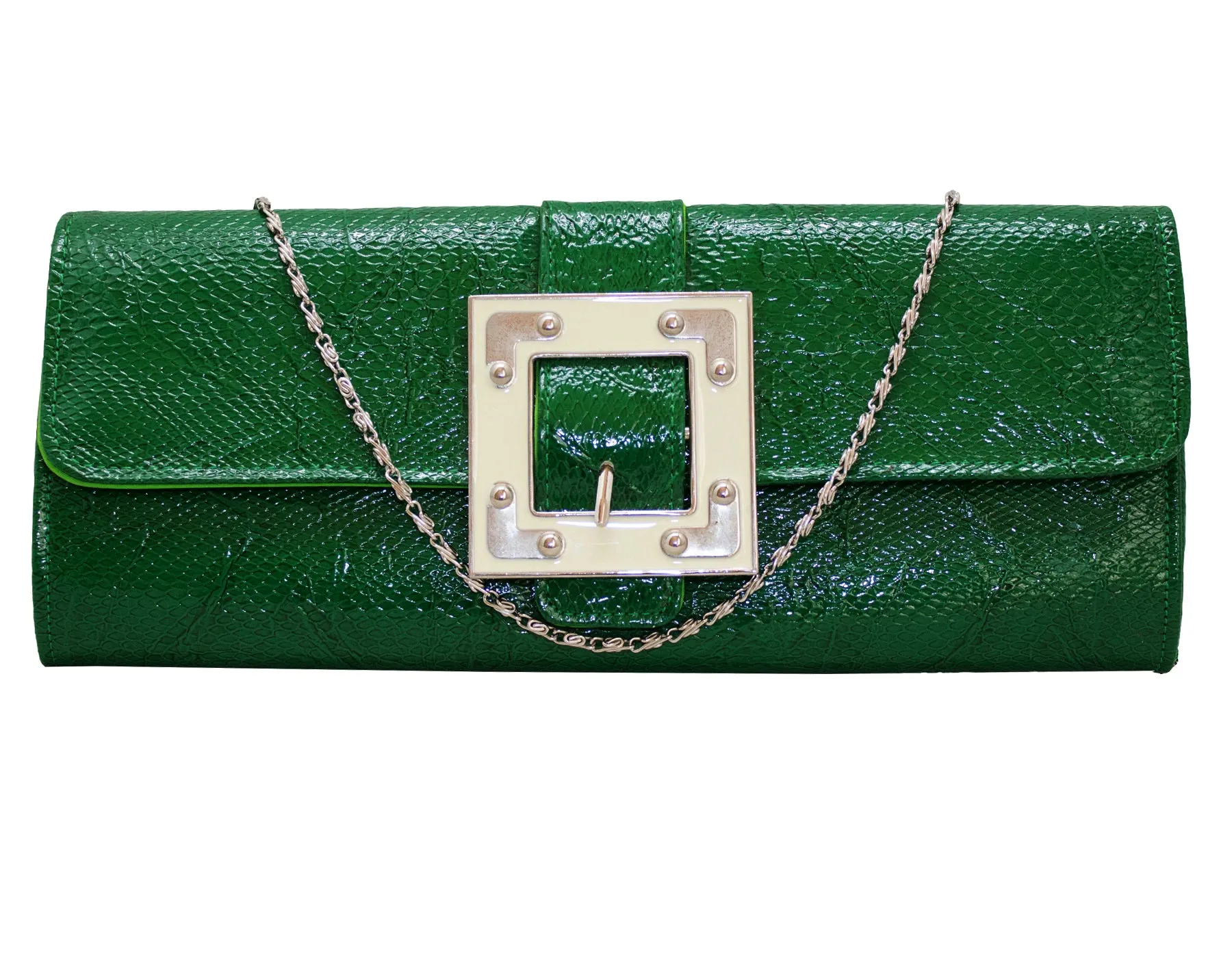 Fino RF-08 Faux Crocodile Patent Leather Buckle Clutch Bag with Chain