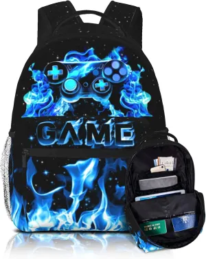 Gamer School Backpack For Boys Blue Gamepad Boy Backpack For Kids Children Teens Elementary Middle School Fire Boys Backpacks Ages 6-18 Video Games Bookbag back pack for Adults Teens Boy