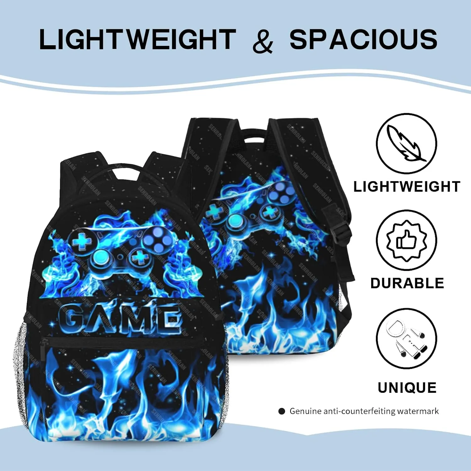 Gamer School Backpack For Boys Blue Gamepad Boy Backpack For Kids Children Teens Elementary Middle School Fire Boys Backpacks Ages 6-18 Video Games Bookbag back pack for Adults Teens Boy