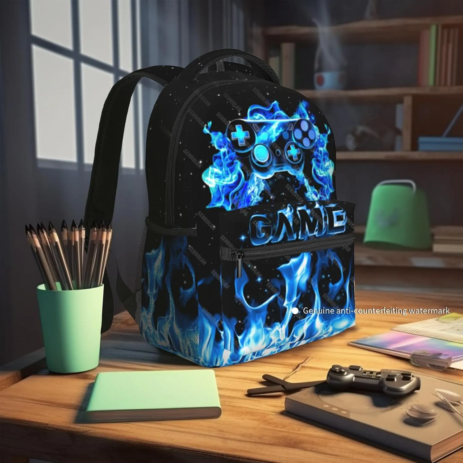 Gamer School Backpack For Boys Blue Gamepad Boy Backpack For Kids Children Teens Elementary Middle School Fire Boys Backpacks Ages 6-18 Video Games Bookbag back pack for Adults Teens Boy