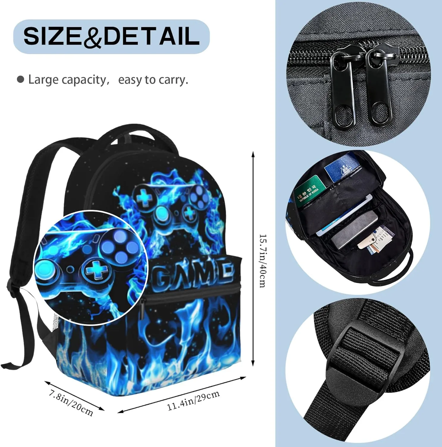 Gamer School Backpack For Boys Blue Gamepad Boy Backpack For Kids Children Teens Elementary Middle School Fire Boys Backpacks Ages 6-18 Video Games Bookbag back pack for Adults Teens Boy