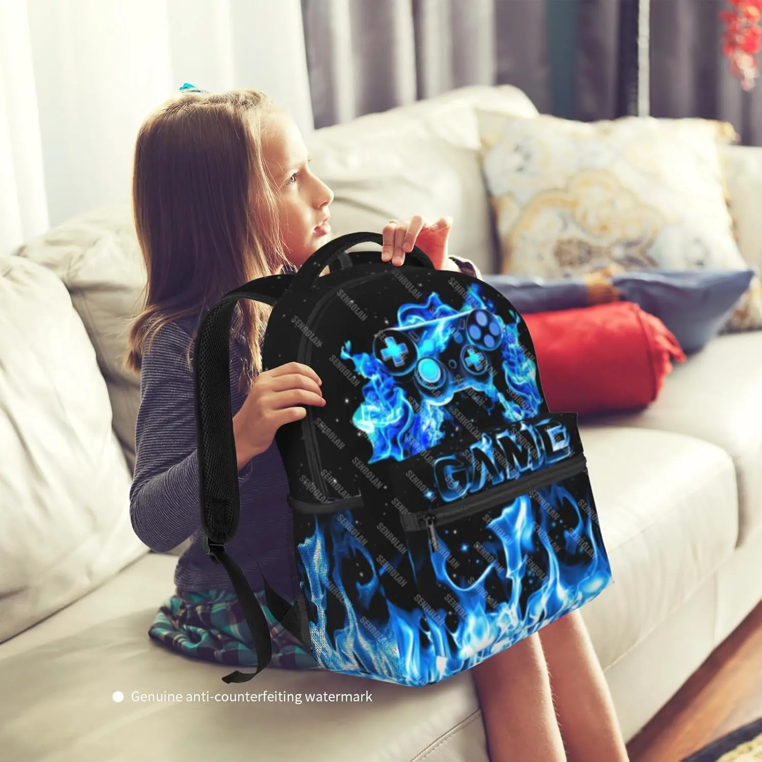 Gamer School Backpack For Boys Blue Gamepad Boy Backpack For Kids Children Teens Elementary Middle School Fire Boys Backpacks Ages 6-18 Video Games Bookbag back pack for Adults Teens Boy