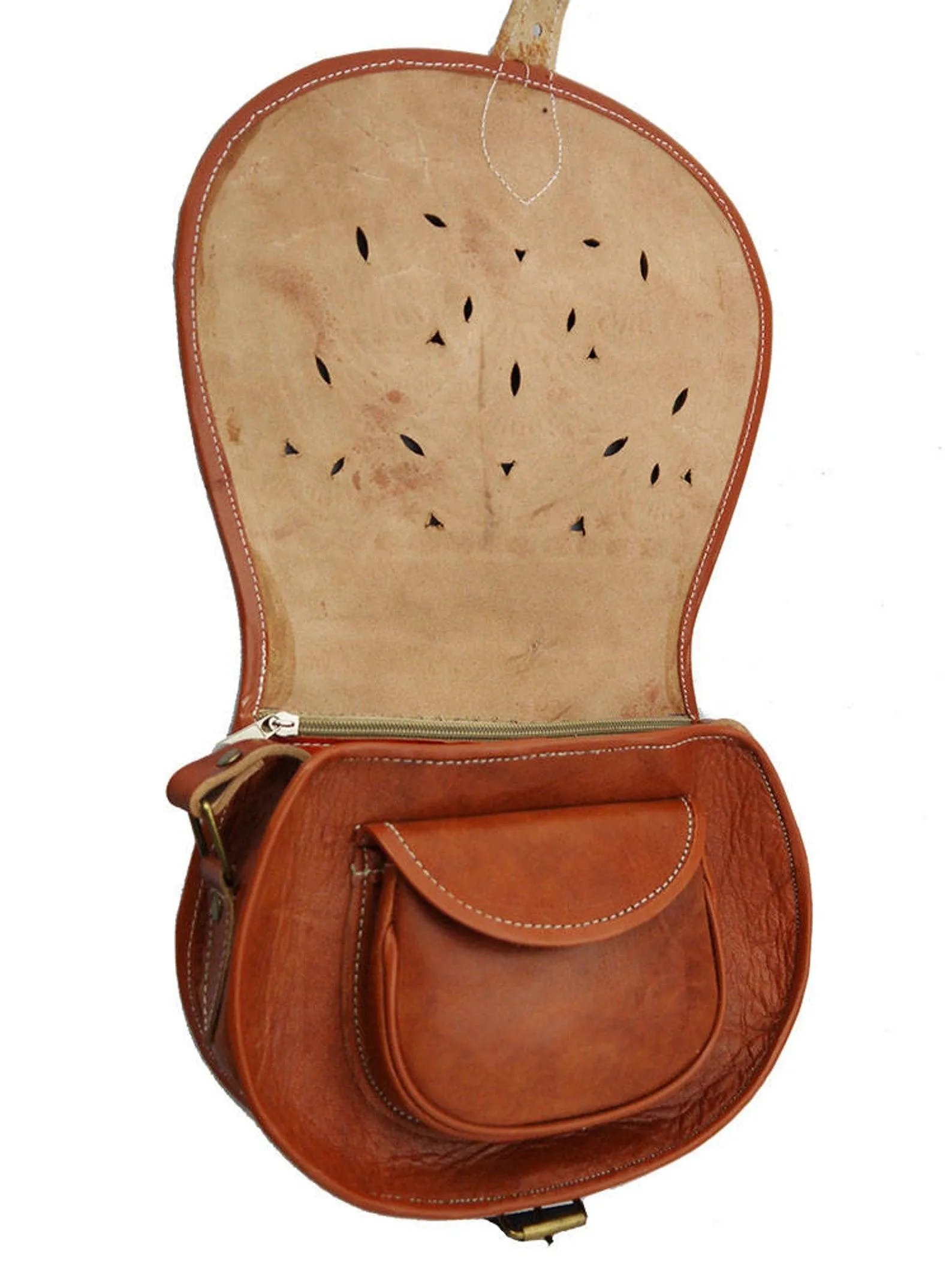 Handmade Real Leather Saddle Handbag Vintage Style Cutwork in Tan