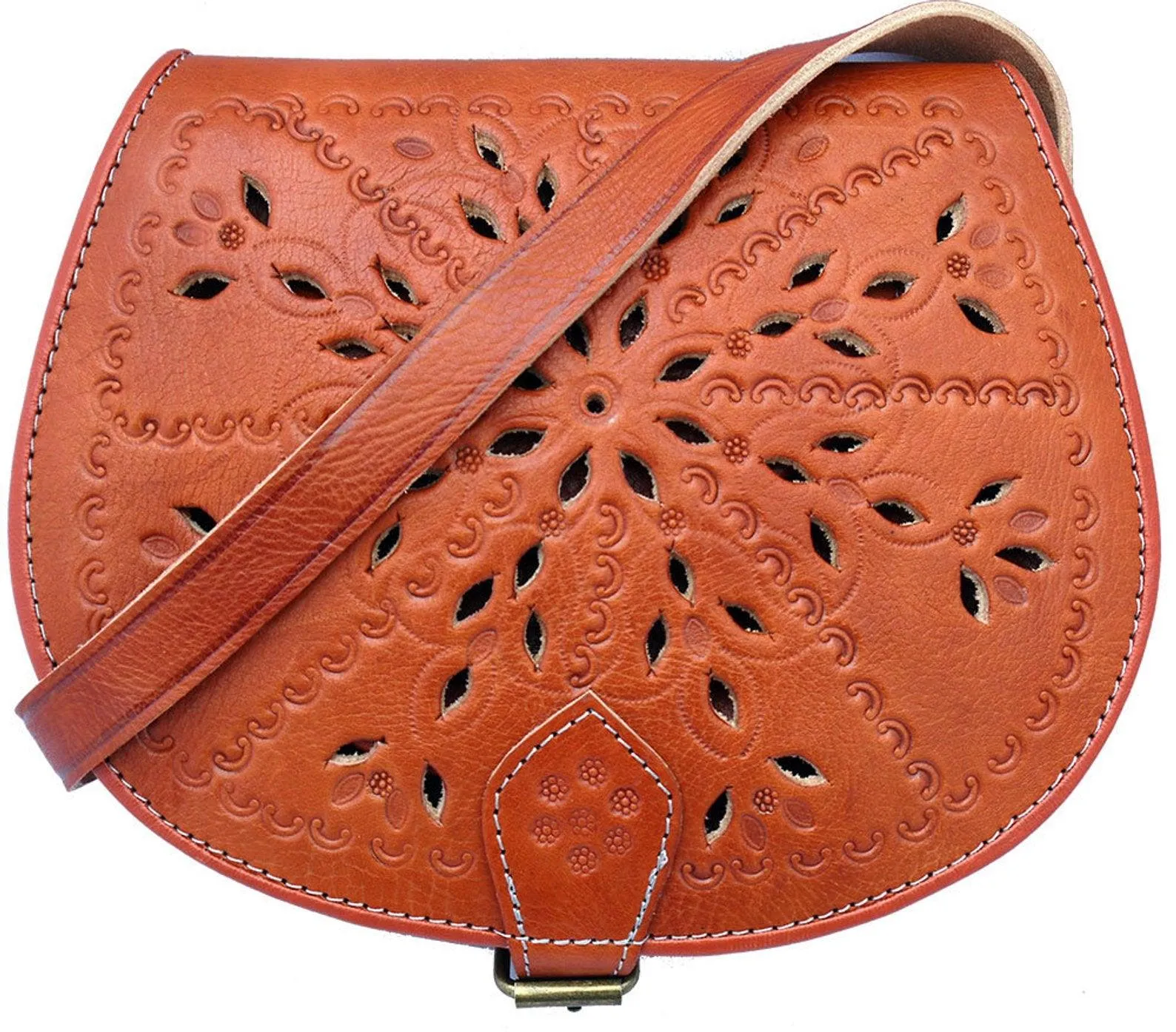 Handmade Real Leather Saddle Handbag Vintage Style Cutwork in Tan