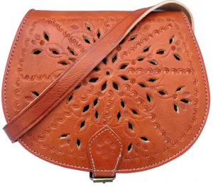 Handmade Real Leather Saddle Handbag Vintage Style Cutwork in Tan