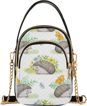 Hedgehogs and Meadow Flowers Design Crossbody Bags Shoulder Bag for Women Stylish Ladies Messenger Bags Cell Phone Purse and Handbags Wallet