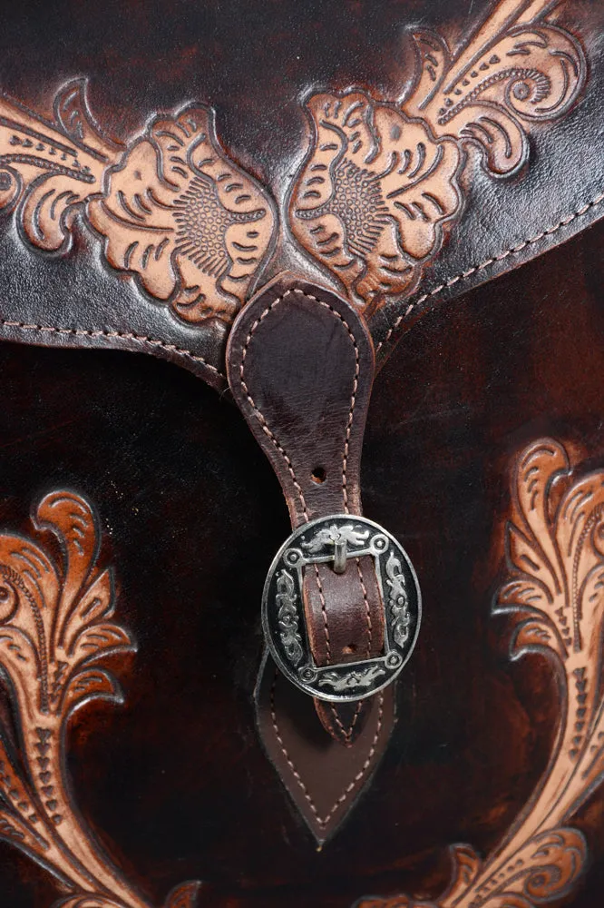 HILASON Western Horse Leather Saddle Bag Heavy-duty Traditional Trail Ride Floral Dark Brown