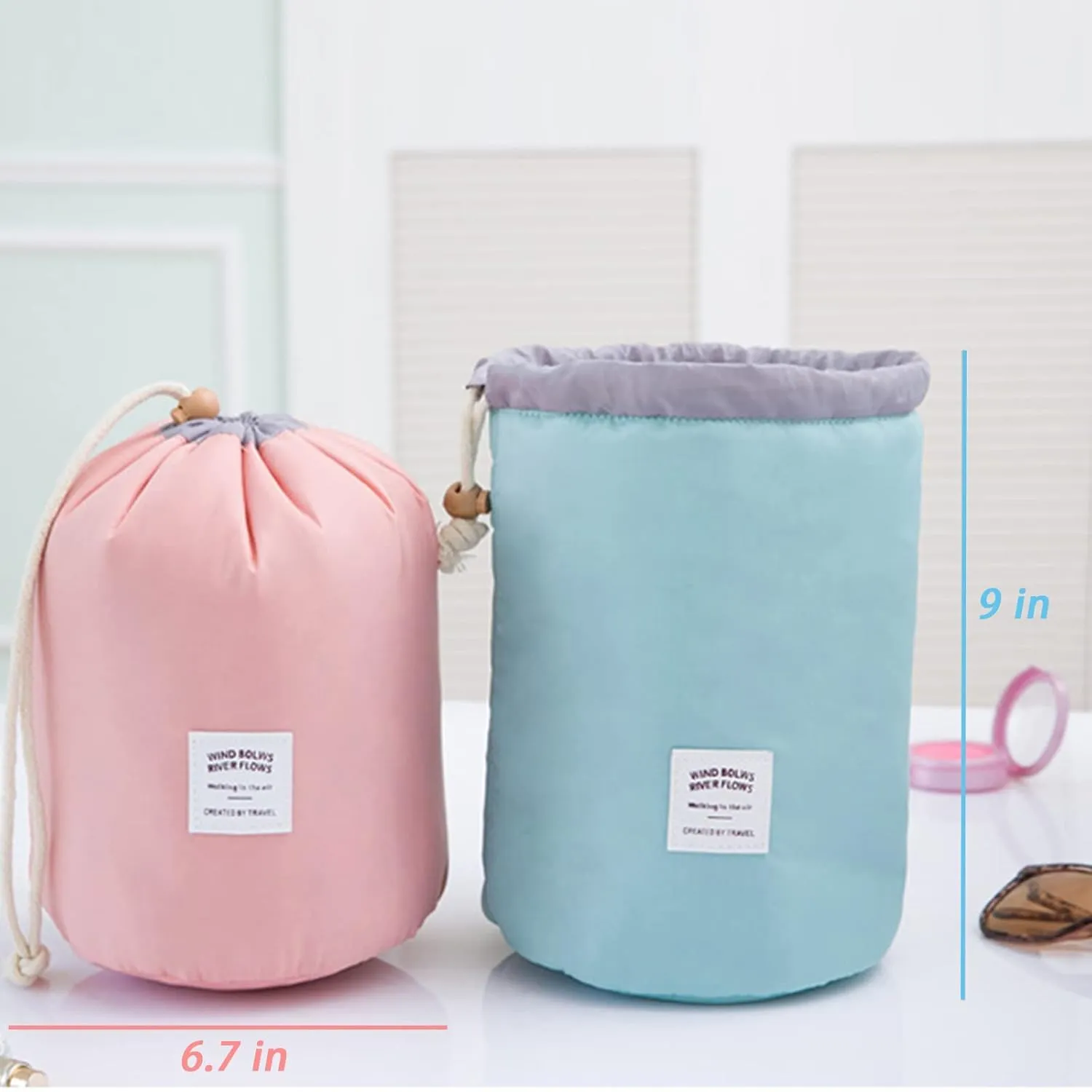 INVODA Drawstring Cosmetic Bag 2PCS Travel Makeup Bag for Women Toiletry Bag Portable Drawstring Make up Organizer Bag for Travel (Pink Green)