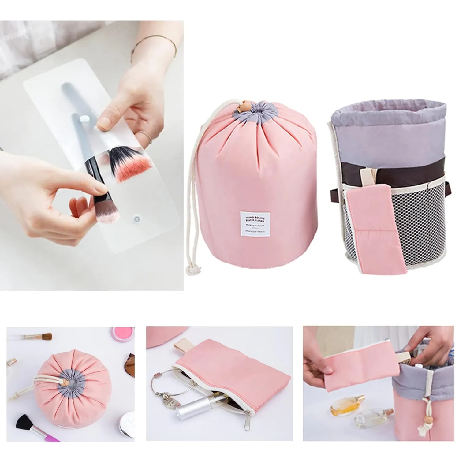 INVODA Drawstring Cosmetic Bag 2PCS Travel Makeup Bag for Women Toiletry Bag Portable Drawstring Make up Organizer Bag for Travel (Pink Green)