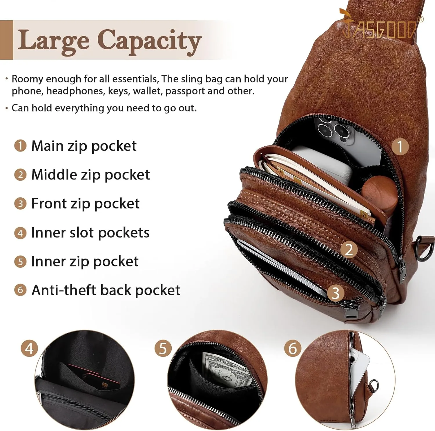 JASGOOD Anti Theft Small Sling Bag for Women Leather Fanny Packs Crossbody Bags Trendy Anti-Theft Sling Purse for Travel