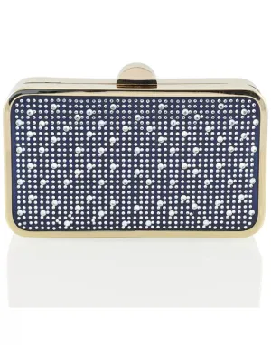 JASMINE CHROME PLATED DETAIL CLASP DIAMANTE CLUTCH EVENING BAG IN NAVY SATIN