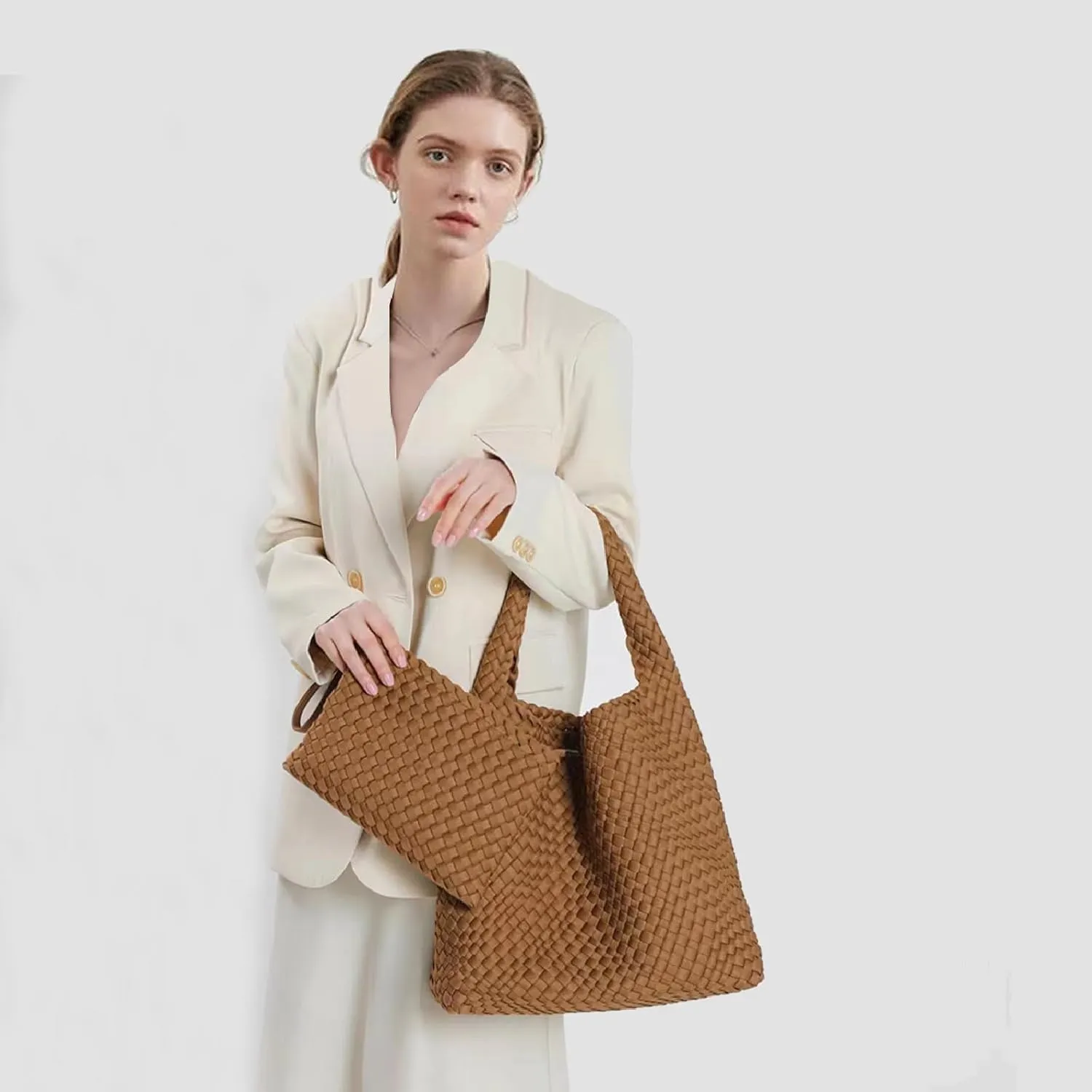 JINMANXUE Woven Purse for Women, Neoprene Top-handle Shoulder Bag, Hobo Tote, Travel Handbag, Wrist Bag For Work Shopping