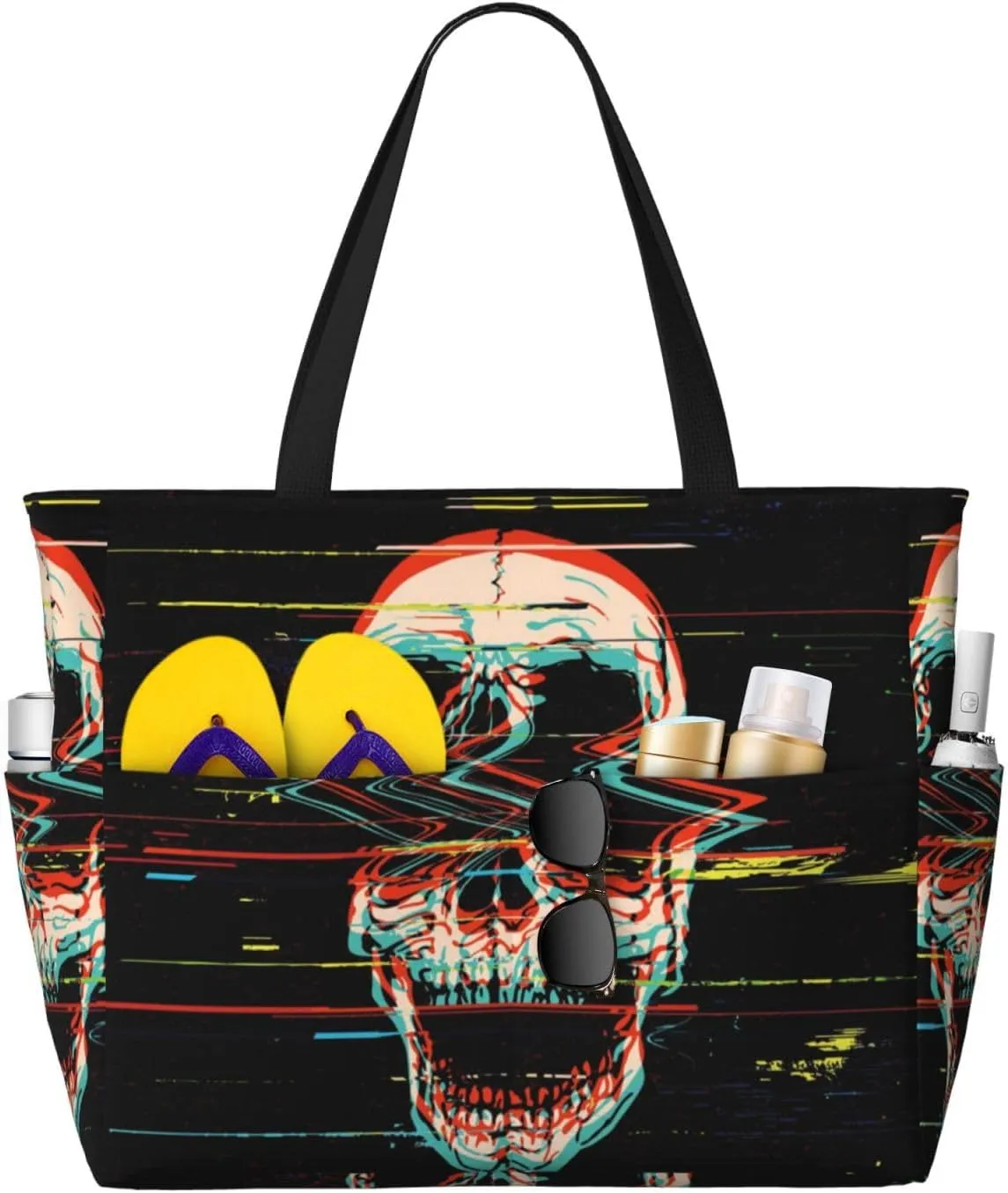 Large Beach Tote Bag for Women Extra Large Capacity Waterproof Sandproof Pool Bag Suitable for Swimming Pool Gym Travel Groceries Glitch Screaming Skull