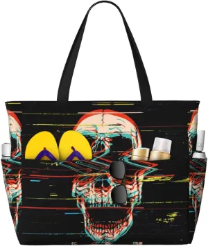 Large Beach Tote Bag for Women Extra Large Capacity Waterproof Sandproof Pool Bag Suitable for Swimming Pool Gym Travel Groceries Glitch Screaming Skull