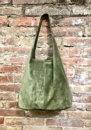 Large tote leather bag in moss GREEN. Slouch leather bag with ZIPPER. Leather shopper,  laptop bag in suede leather bag.GREEN suede bag.