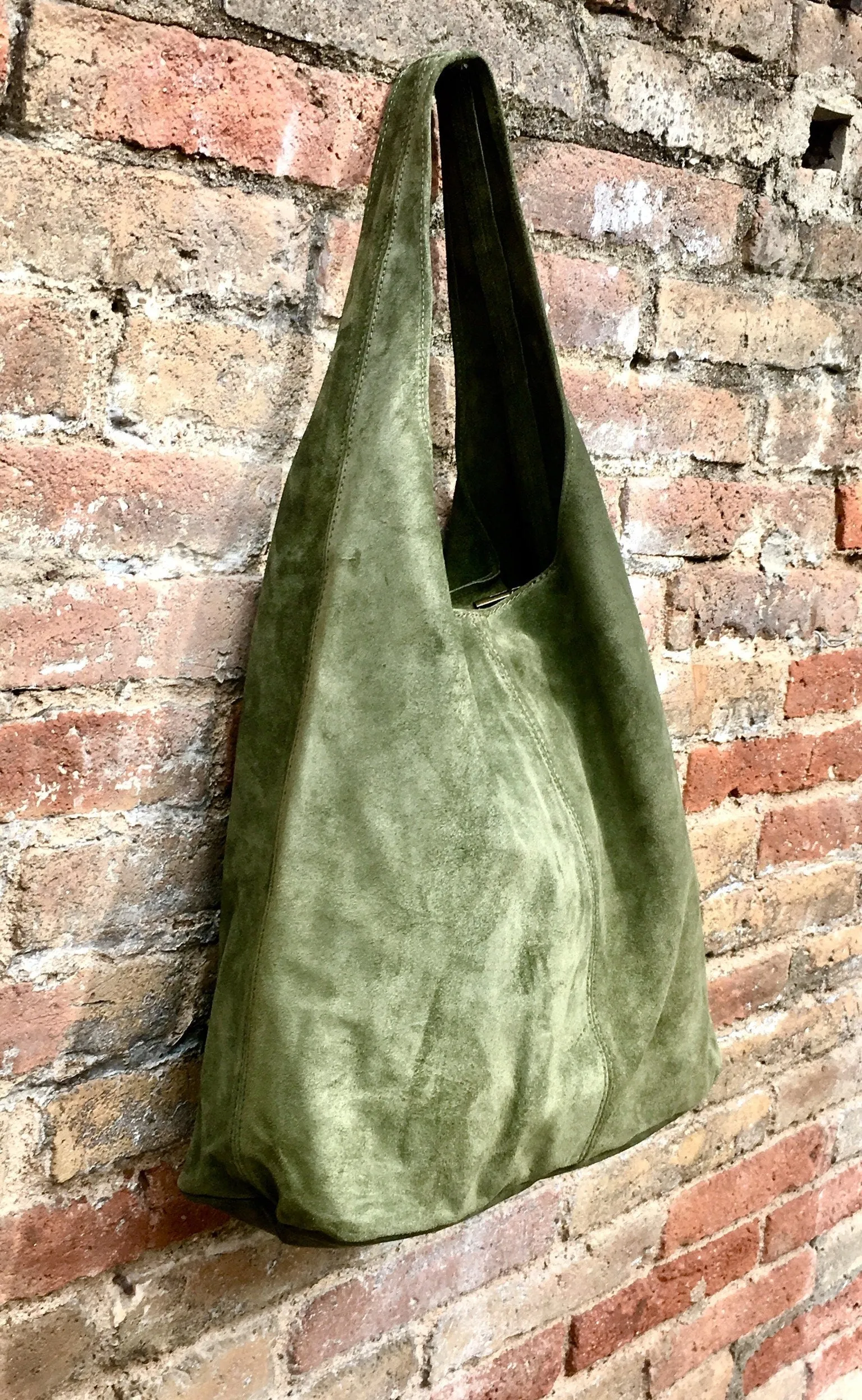 Large tote leather bag in moss GREEN. Slouch leather bag with ZIPPER. Leather shopper,  laptop bag in suede leather bag.GREEN suede bag.