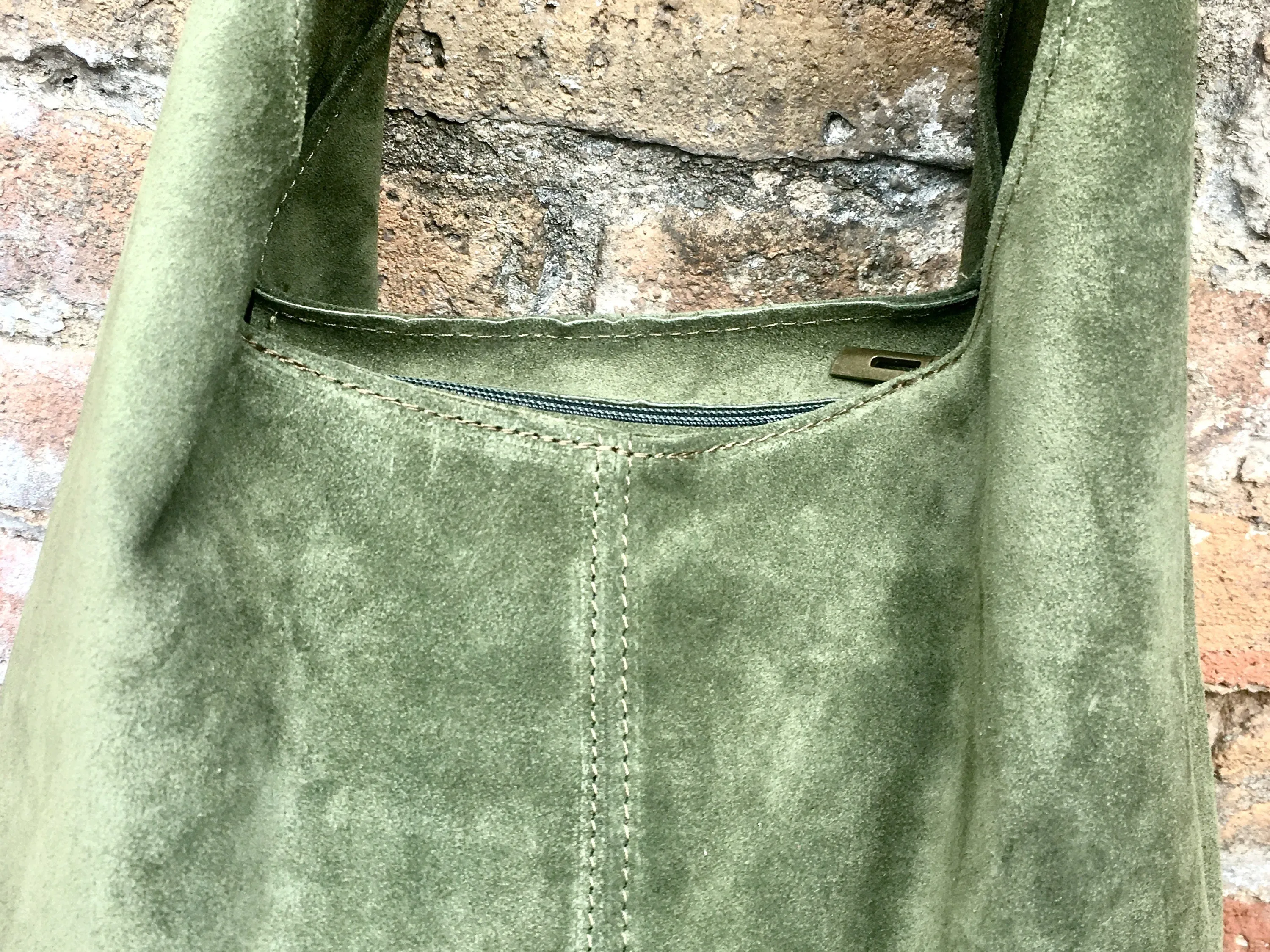 Large tote leather bag in moss GREEN. Slouch leather bag with ZIPPER. Leather shopper,  laptop bag in suede leather bag.GREEN suede bag.