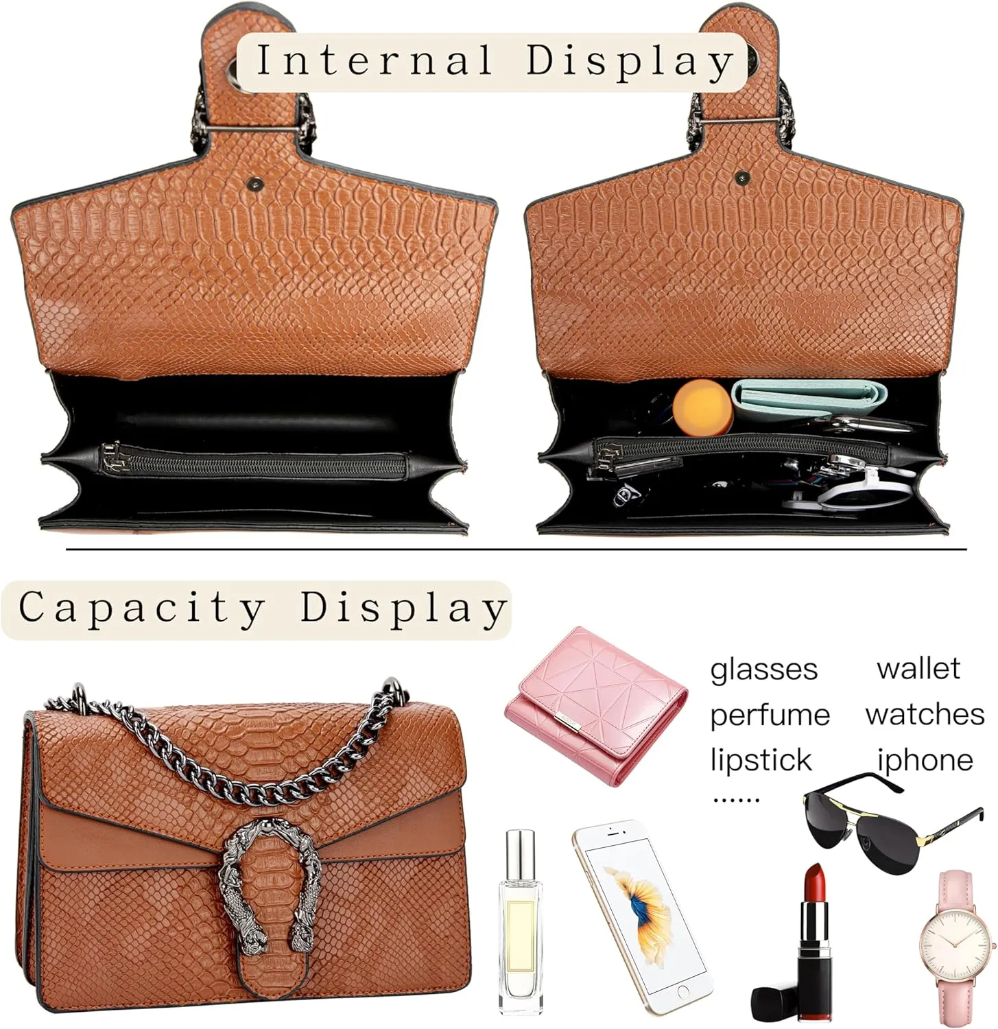 Leather Shoulder Bag Chain Purse for Women - Fashion Crossbody Bags Vintage Snake Print Underarm Bag Square Satchel Handbag
