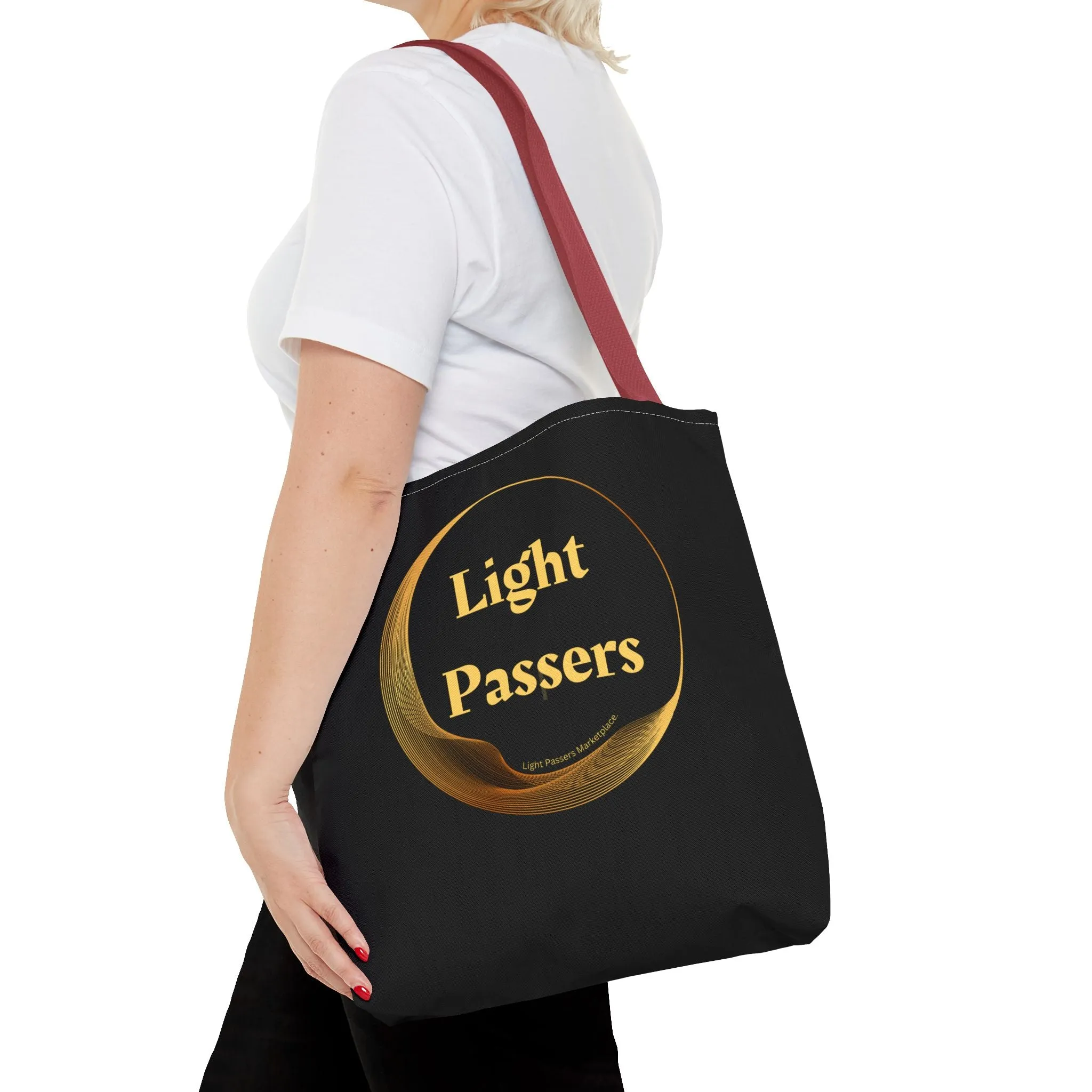 Light Passers Logo Tote Bag (AOP) bag with Gold Logo. Cool Stuff Accessories