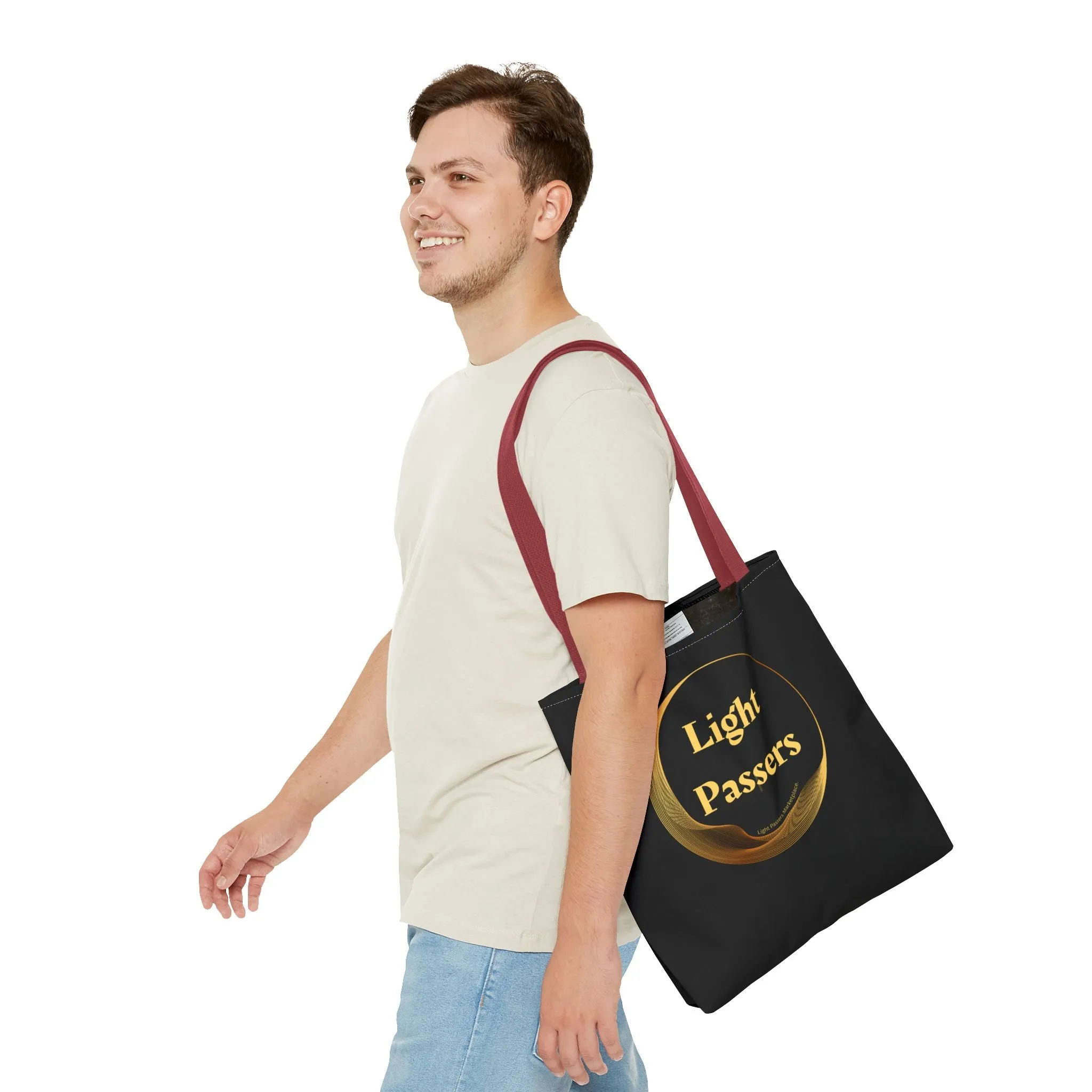 Light Passers Logo Tote Bag (AOP) bag with Gold Logo. Cool Stuff Accessories