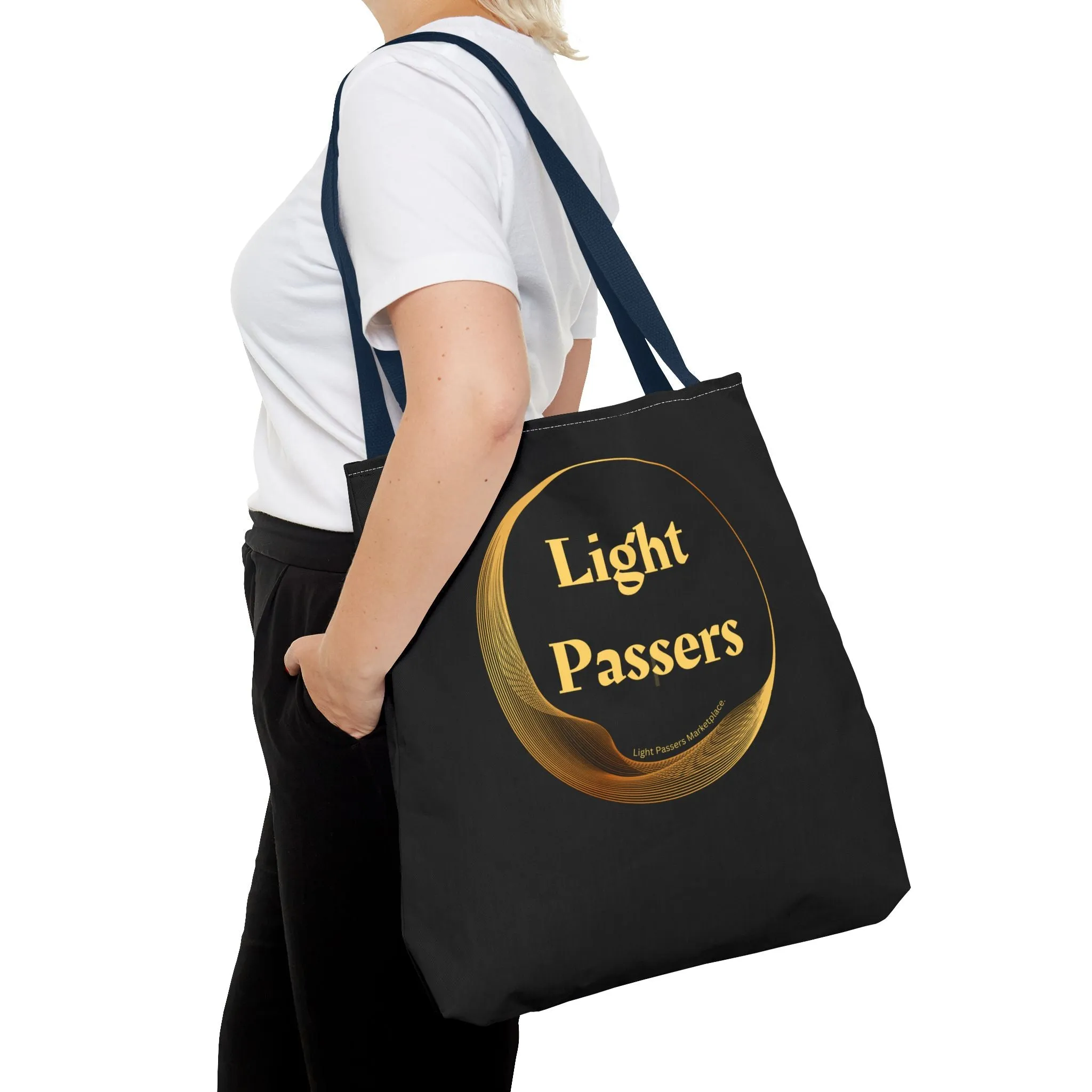 Light Passers Logo Tote Bag (AOP) bag with Gold Logo. Cool Stuff Accessories