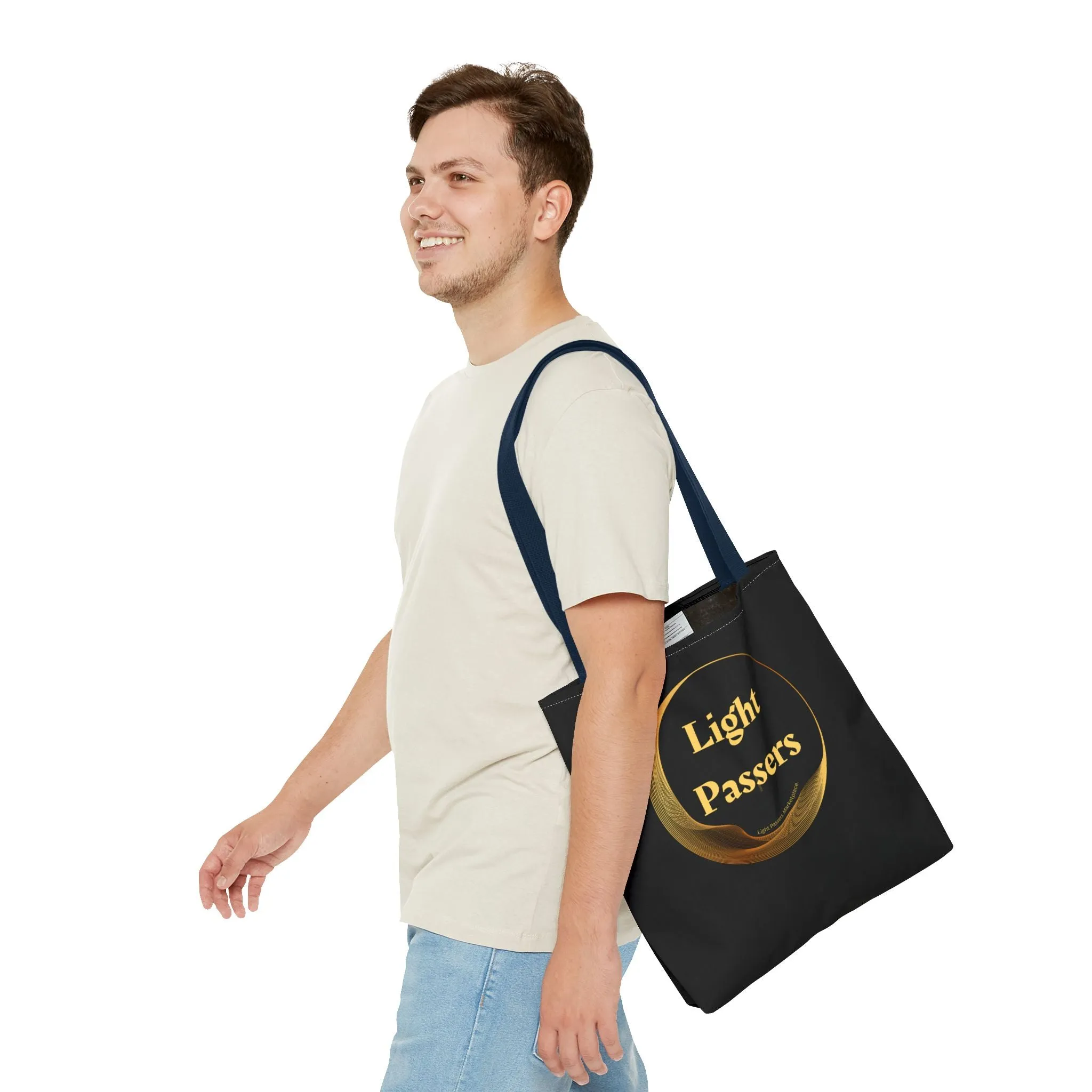 Light Passers Logo Tote Bag (AOP) bag with Gold Logo. Cool Stuff Accessories