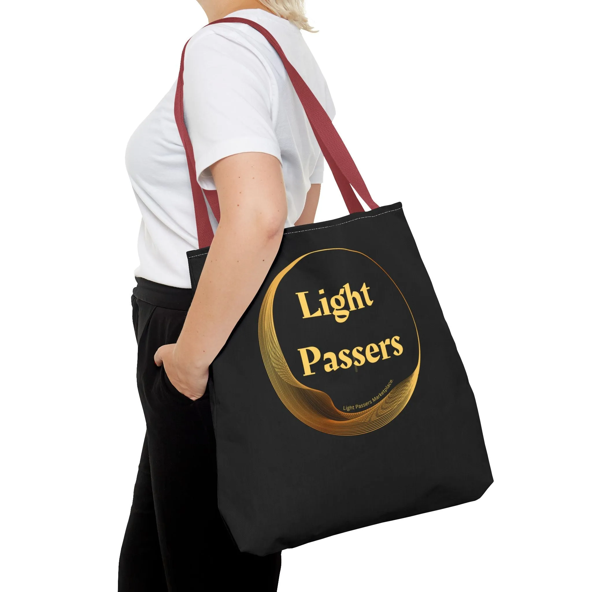 Light Passers Logo Tote Bag (AOP) bag with Gold Logo. Cool Stuff Accessories