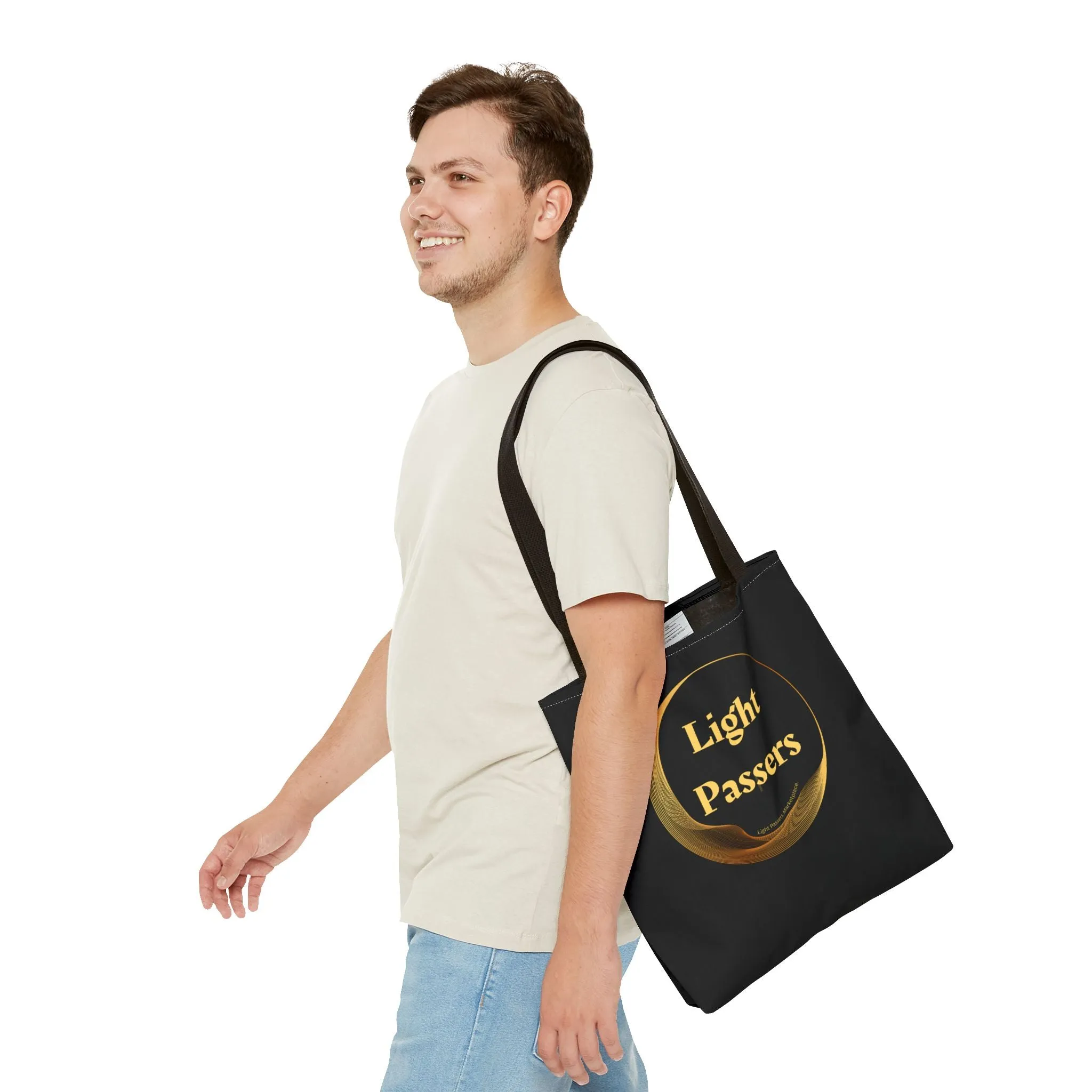 Light Passers Logo Tote Bag (AOP) bag with Gold Logo. Cool Stuff Accessories