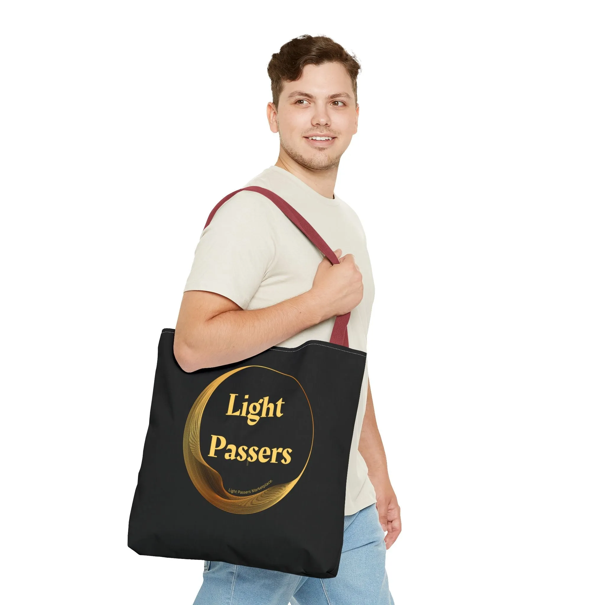 Light Passers Logo Tote Bag (AOP) bag with Gold Logo. Cool Stuff Accessories